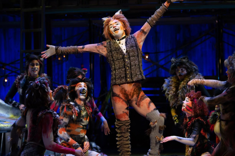 actor in CATs musical with cast onstage in costume