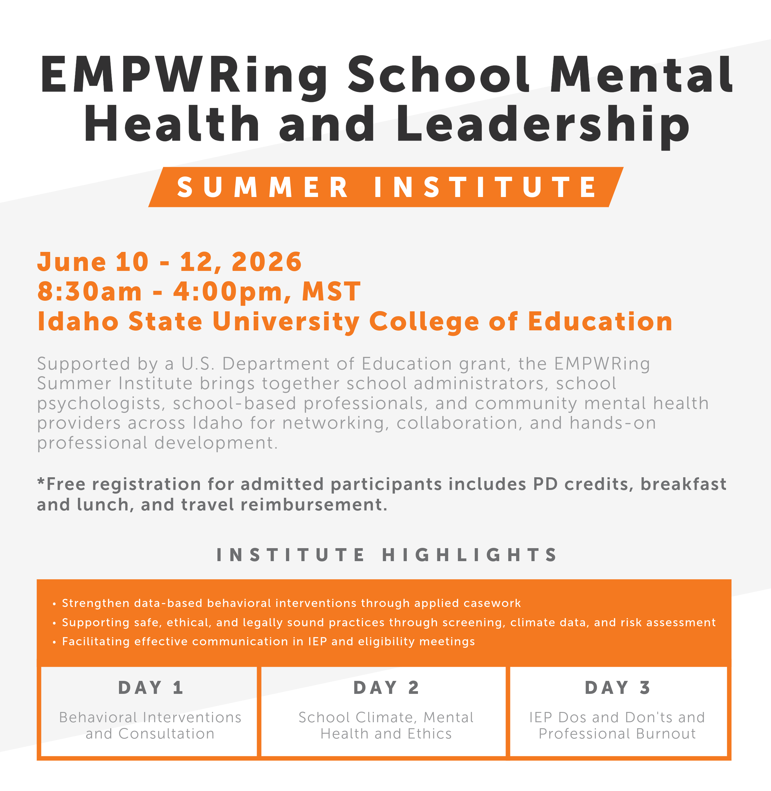 Graphic of upcoming event with the school psychology and educational leadership department in summer