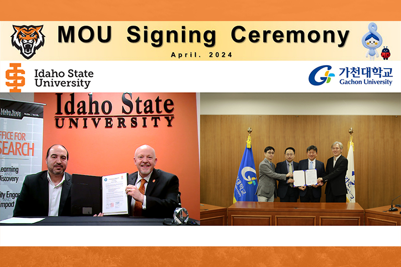 Left, Amir Ali, associate professor of nuclear engineering at Idaho State University, looks on as Marty Blair, vice president for research and economic development, signs a memorandum of understanding between ISU and Gachon University in South Korea.