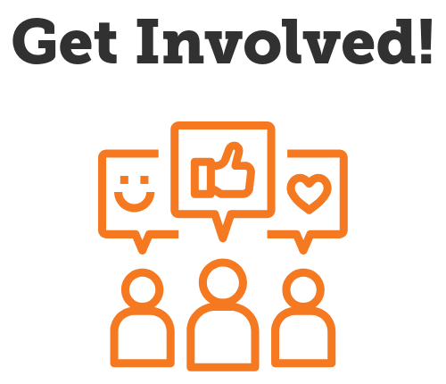 an orange icon of three people with speech bubbles containing a smiley face, and thumbs up, and a heart, with the text,