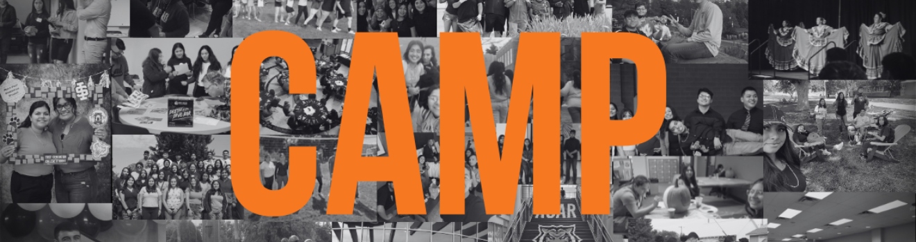 Camp header banner, collage of students in background