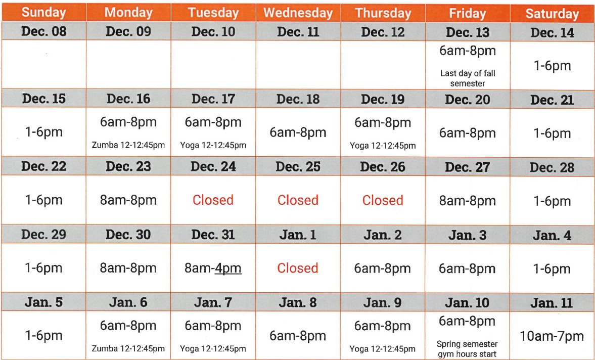 Picture of calendar for winter break hours