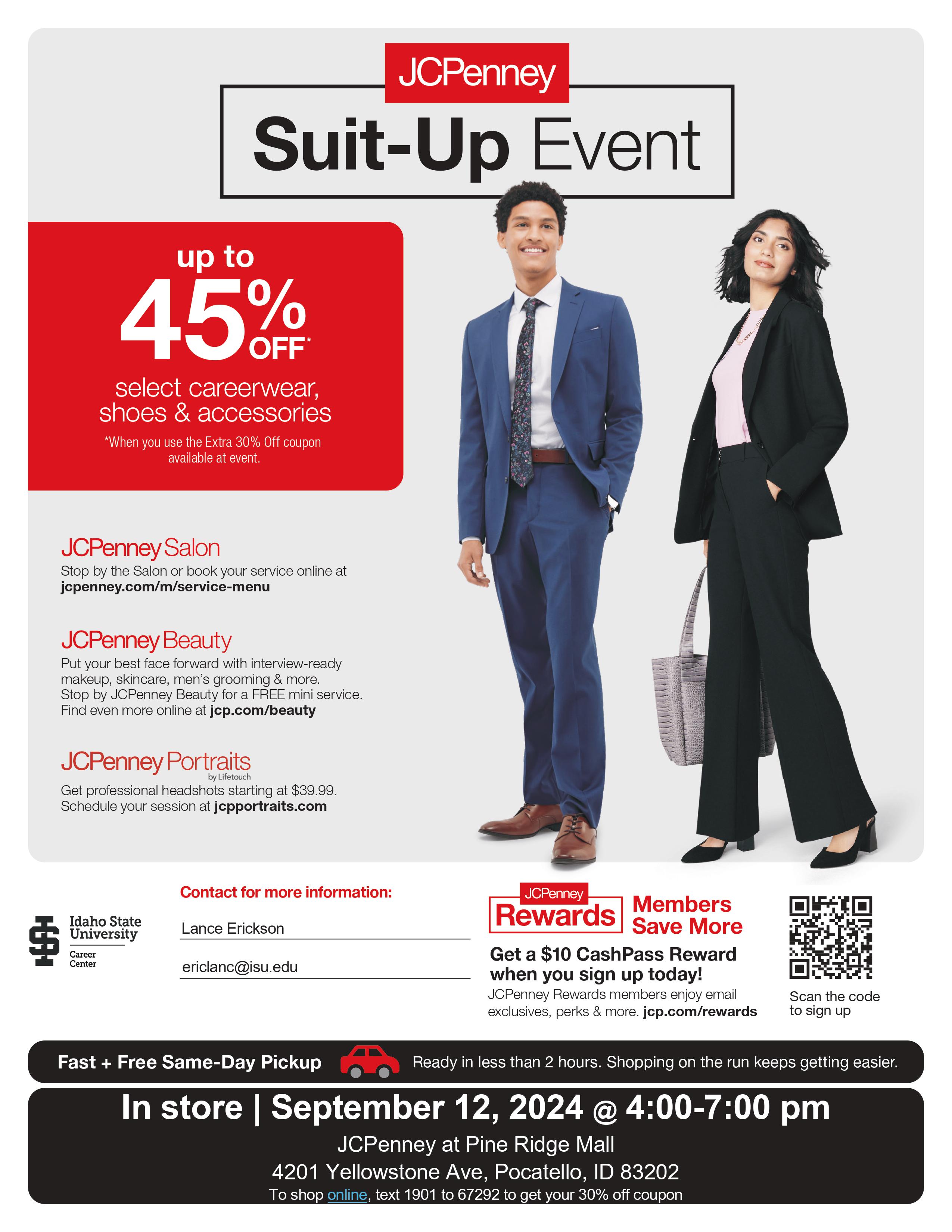 JCPenney Suit Up event Fall 2024 Flyer with a man and woman in professional clothes