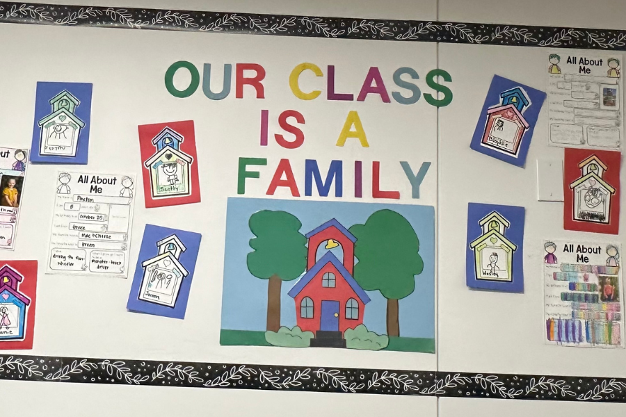 a bulletin board is decorated with student art and colorful letters that say 