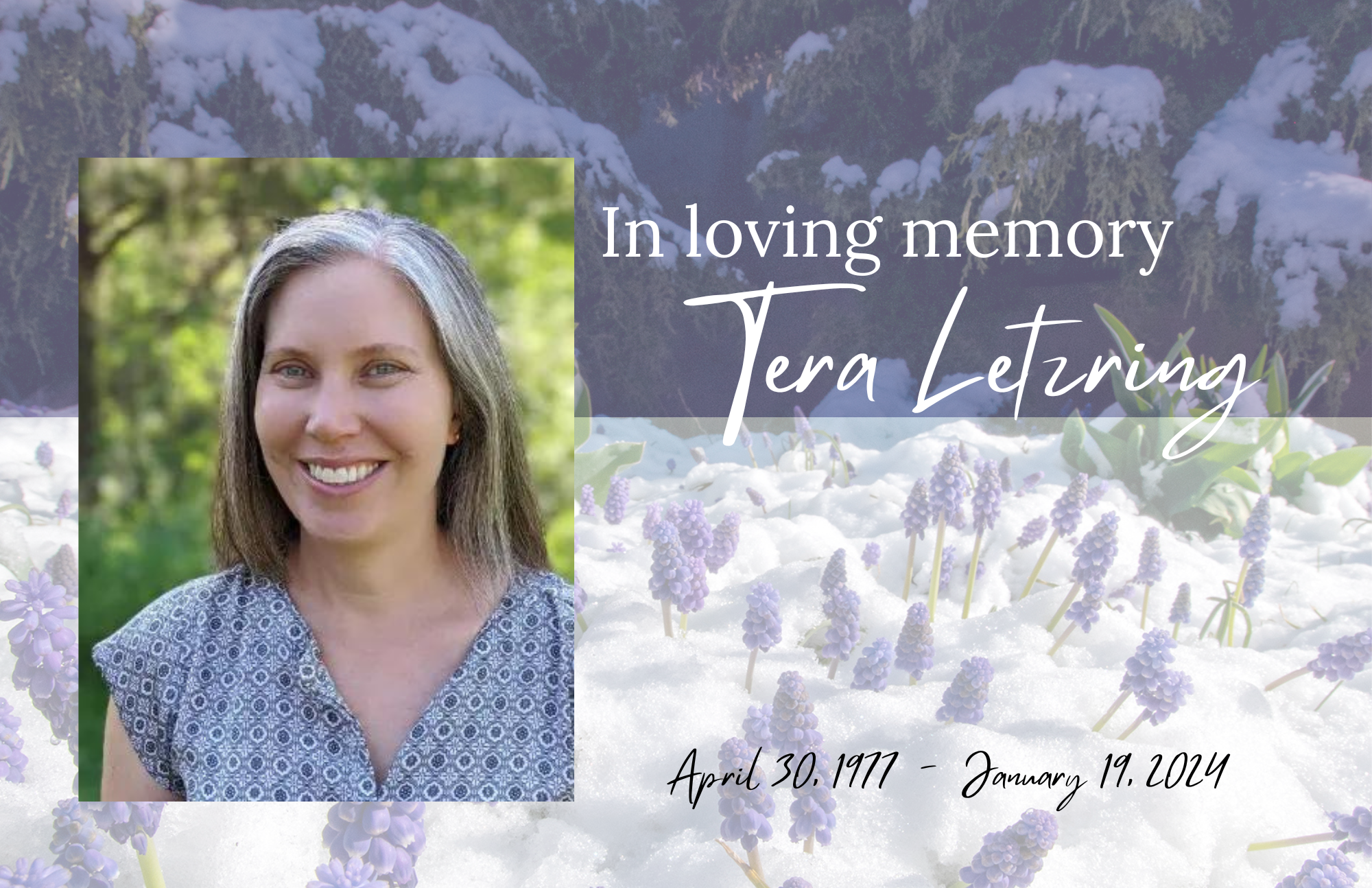 Headshot of Tera with a background of purple flowers