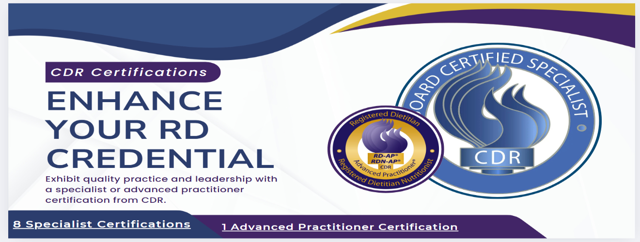 Stock image with the commission on dietetic registration logo and credentialing information