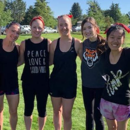 Seven female dietetic students participating in ISU obstacle course event