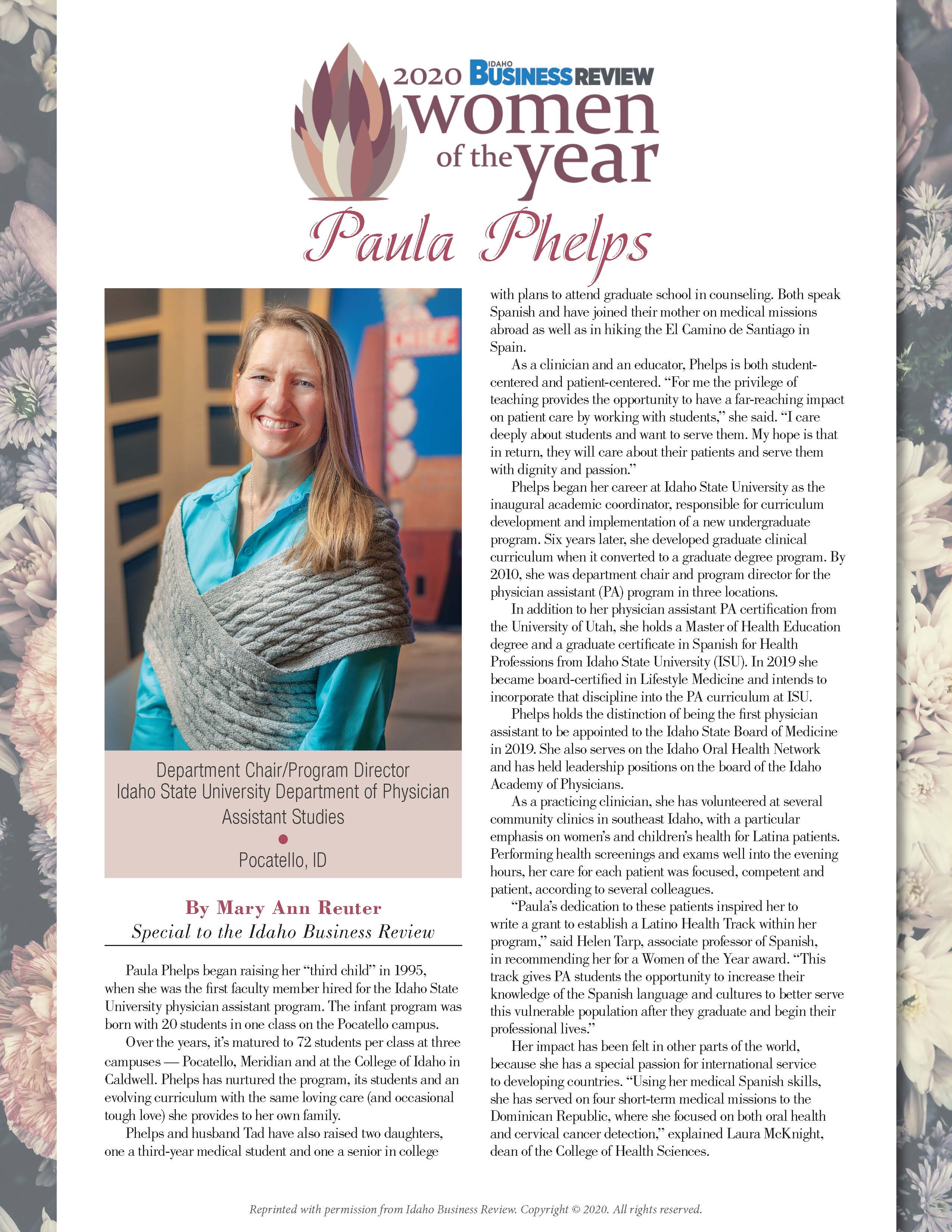 Women of the Year magazine page featuring Paula Phelps with photo and bio