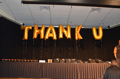 Gold helium balloons spelling Thank U on display at 2018 ISU Employee Appreciation Luncheon