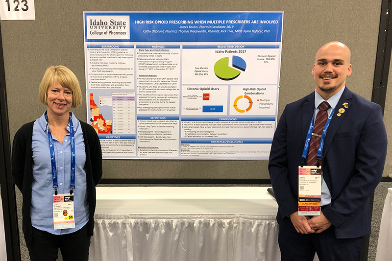Professor Cathy Oliphant and Student Pharmacist James Berain present their research findings on opioid prescribing in Idaho at the American Society of Health System Pharmacists Midyear convention in Anaheim, CA