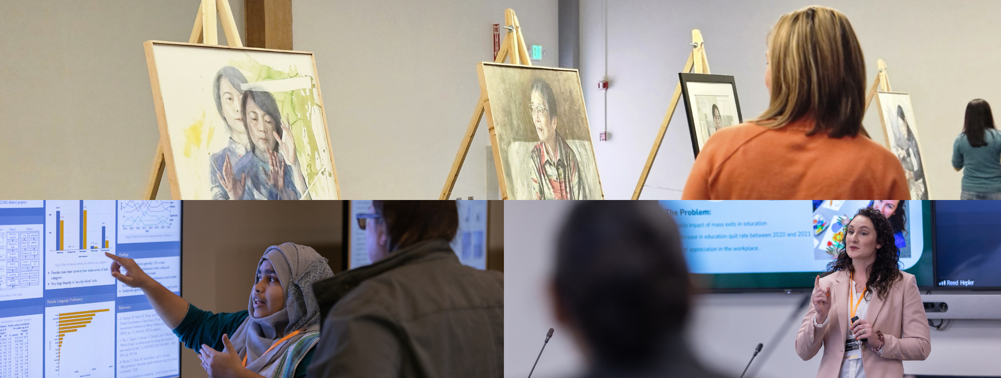 Collage of a series of watercolor paintings on easels, a student presenting a poster, and a student giving an oral presentation