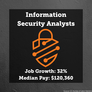 Image of a shield. Text: Information Security Analysts. Job Growth: 32%. Median Pay:$120,360