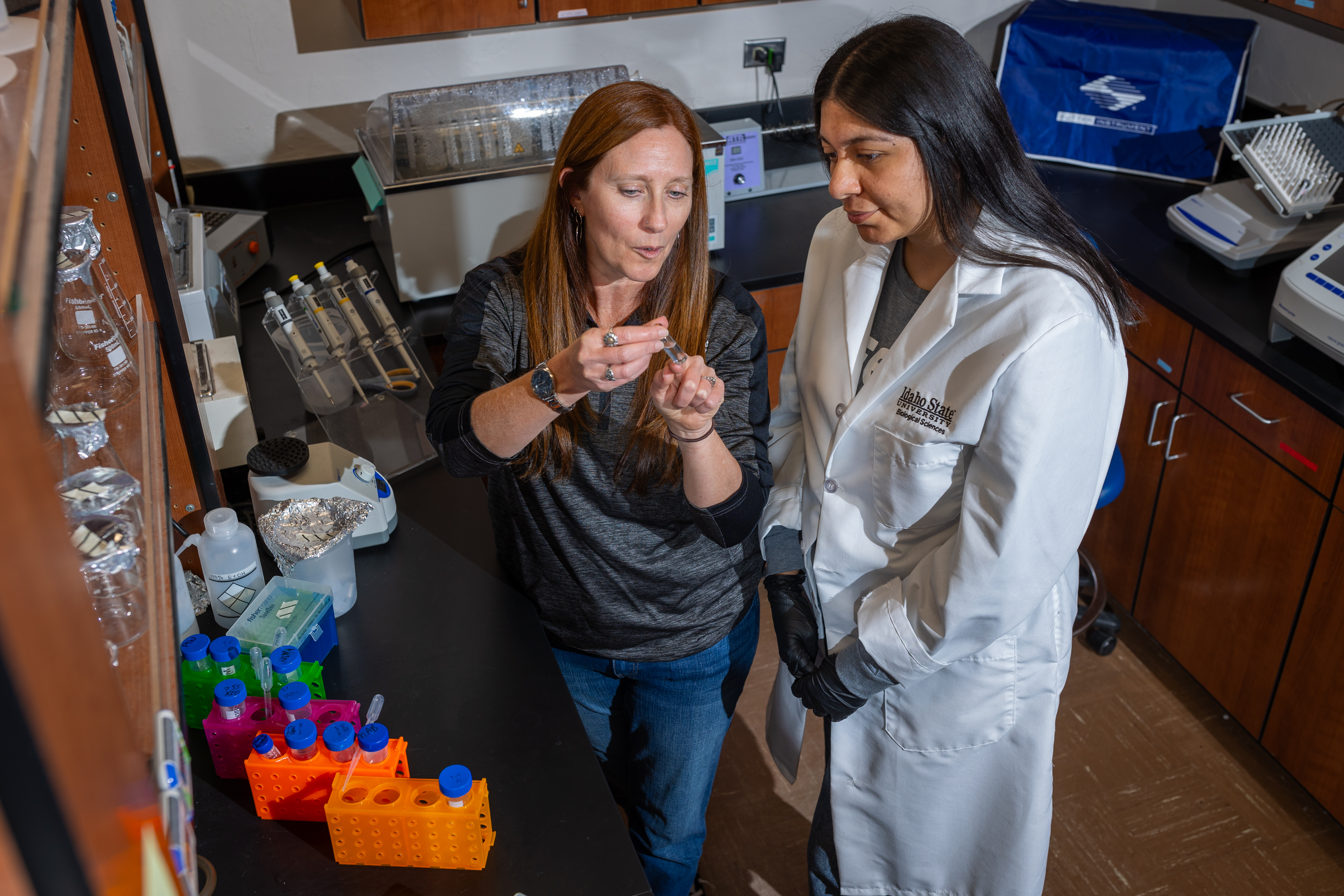 A picture of Miriam Villa Lopez with Heather Ray discussing frog embryos in a research lab