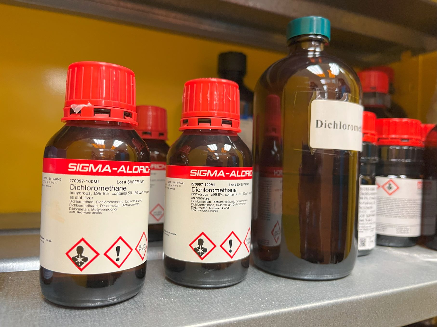 Bottles of labeled dichloromethane