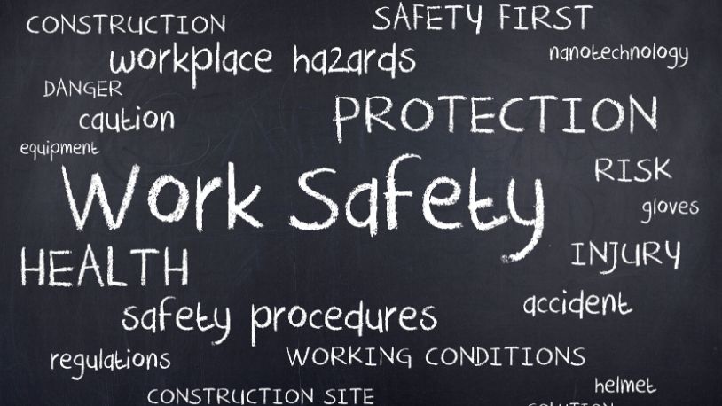 chalkboard full of work safety related words
