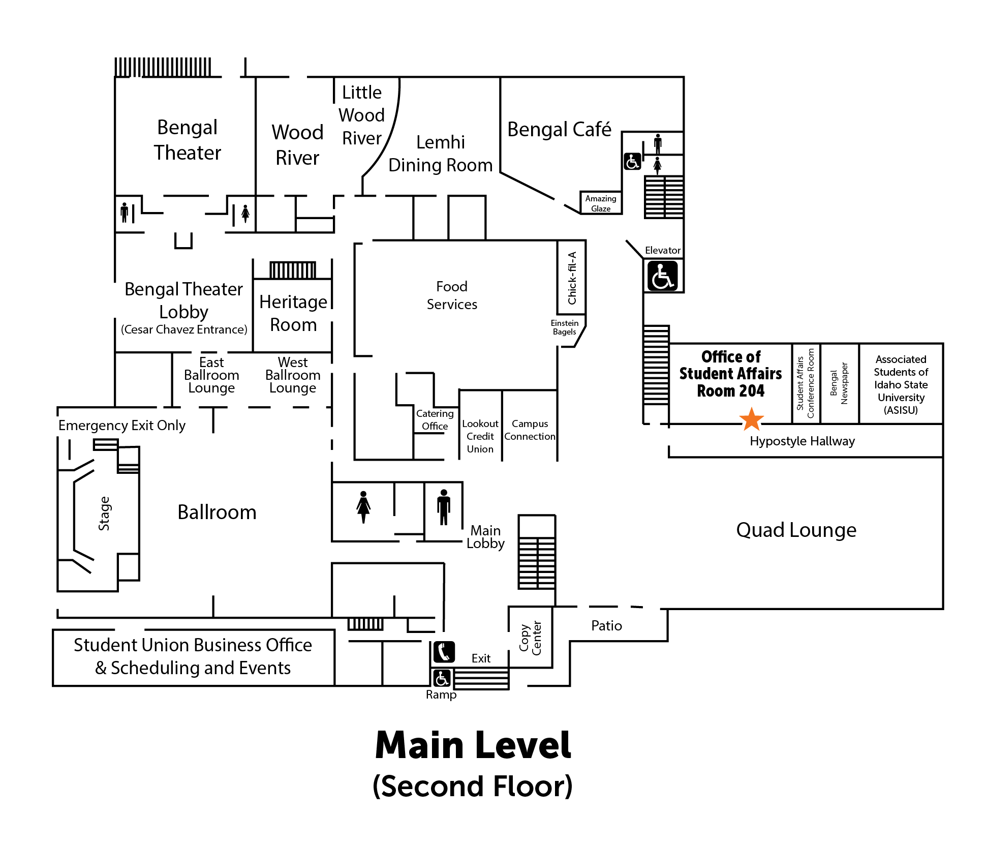 A map of the Student Union Building's second floor