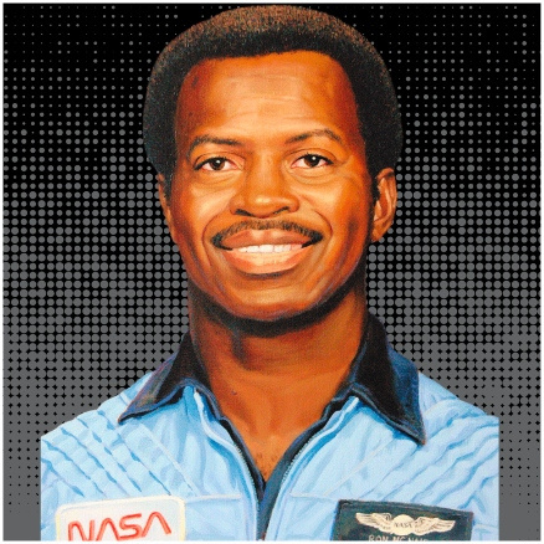 Headshot of Dr. Ronald McNair. After receiving both a bachelor of science in engineering physics and a PHD in physics, Dr McNair was 1 of 35 applicants to be selected for the NASA astronaut program.