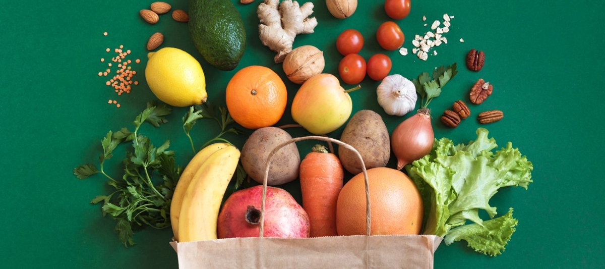 Grocery bag with fruits and veggies