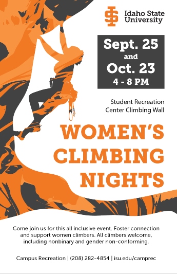 a woman rock climbing with event details