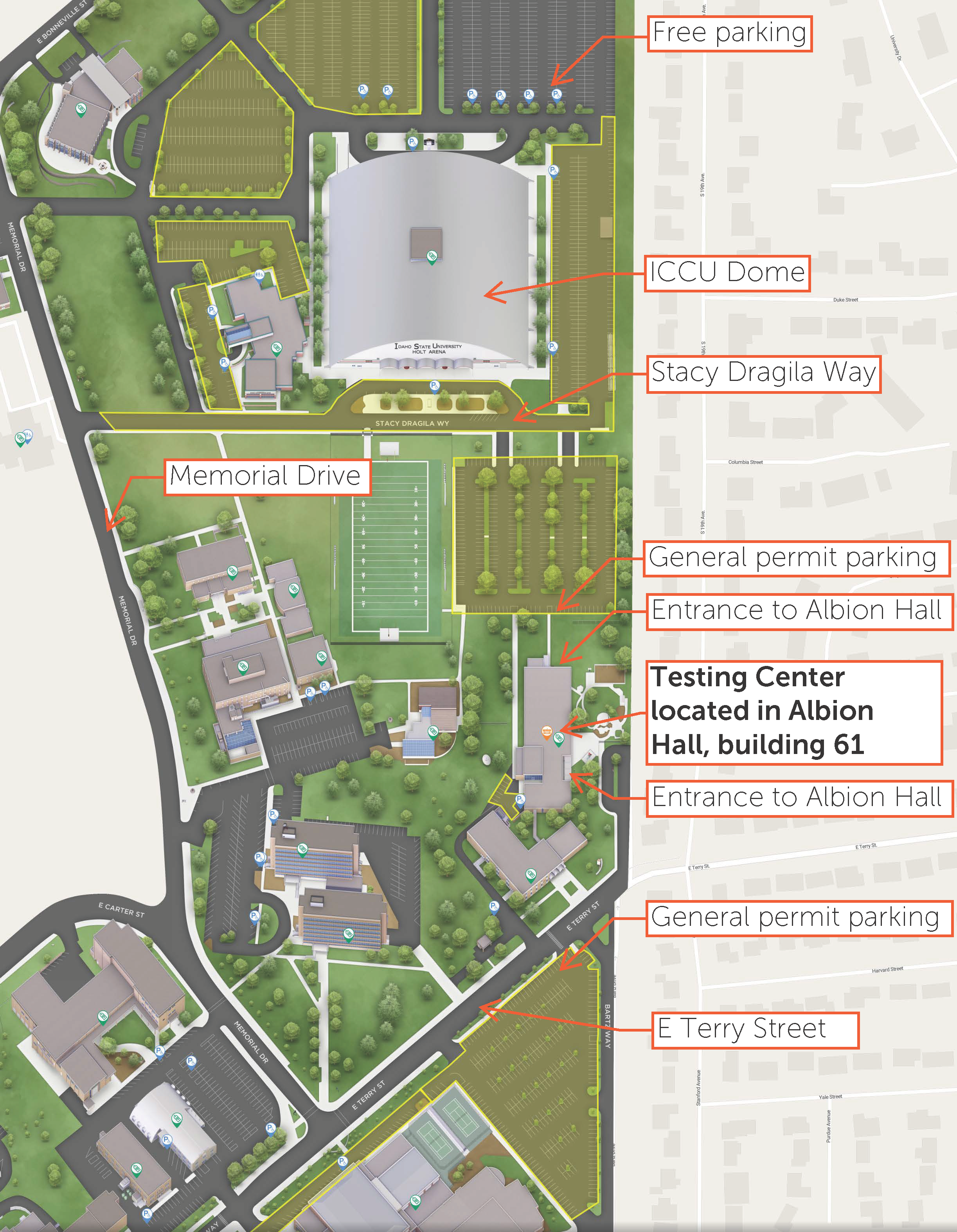 Testing Center Map showing parking and entrances for the new Testing Center location as of January 2025.