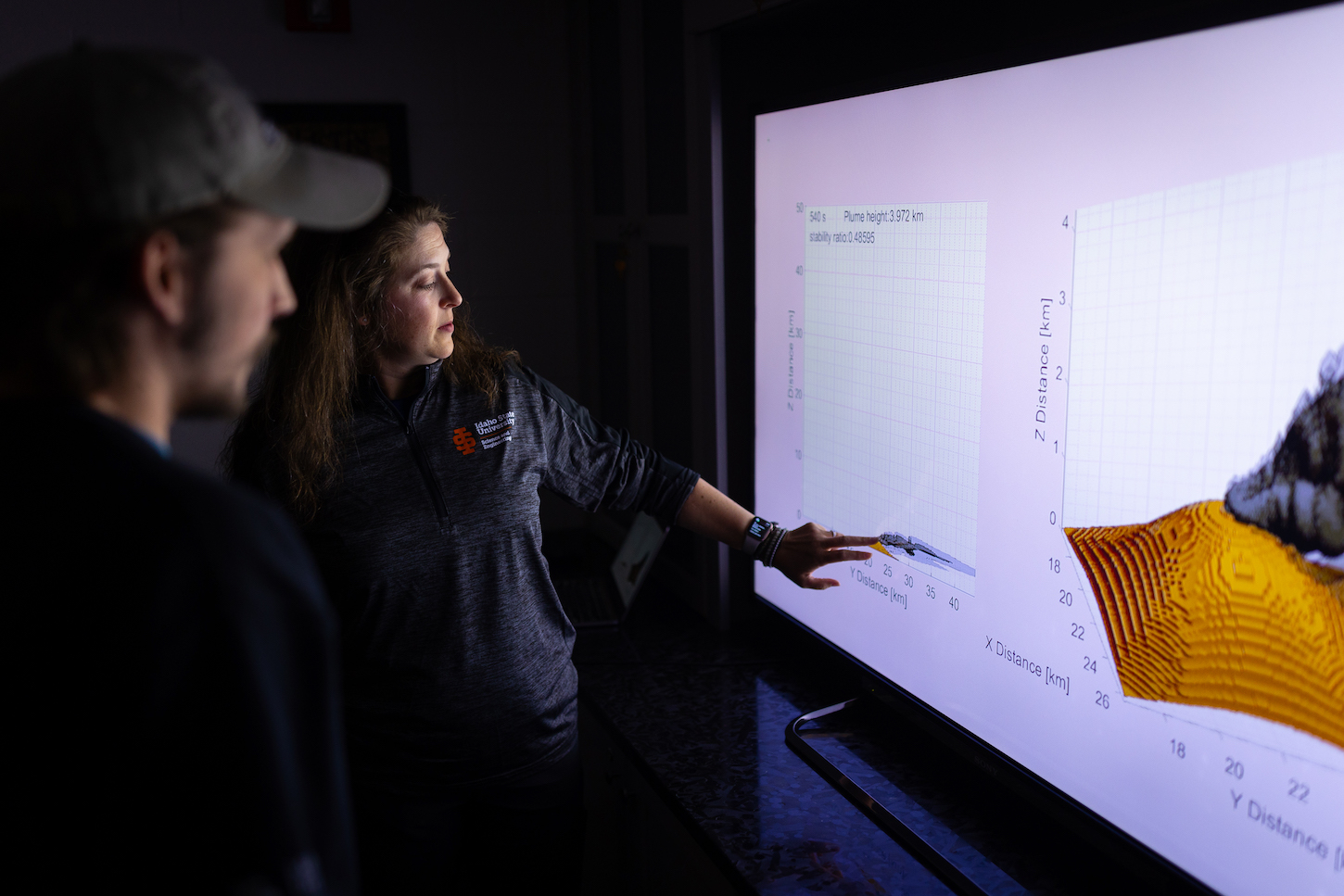 A woman looks at a screen