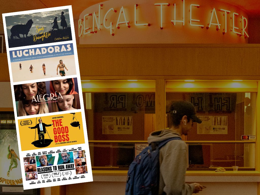 A Hispanic Film Festival advertisement hangs in front of the Bengal Theater