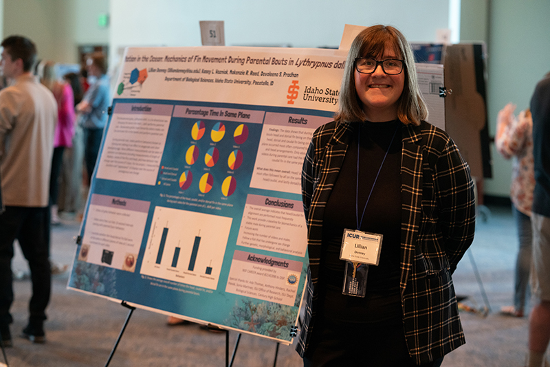 Lillian Denney poses for a photo near her research poster at the Idaho Conference on Undergraduate Research in Boise, Idaho. Photo credit: Michal Temkin Martinez, Boise State University.