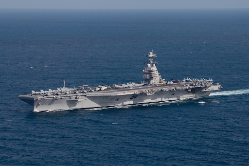 United States Navy ship USS Gerald R. Ford is seen in blue waters