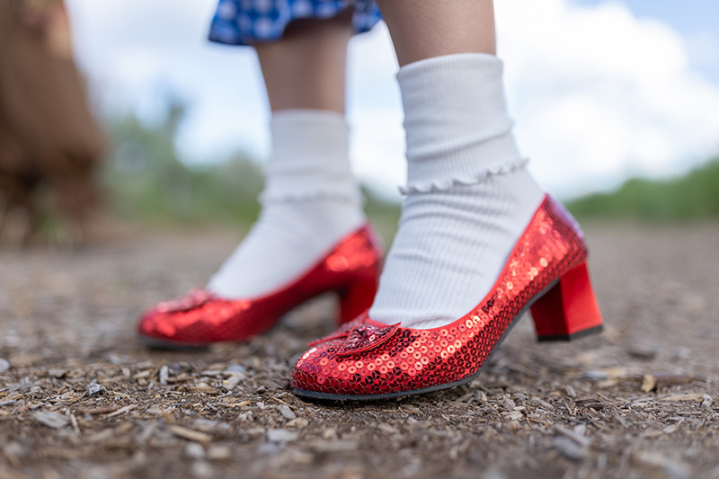 Dorothy's red shoes from the Wizard of Oz glimmer against a blue sky