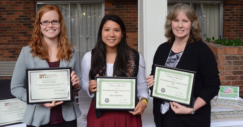  A photo, from left, of Danielle Wagner, Alexa Appelman and Lori Friedma, winners of Outstanding Dietetic Student Awards, holding their certificates.