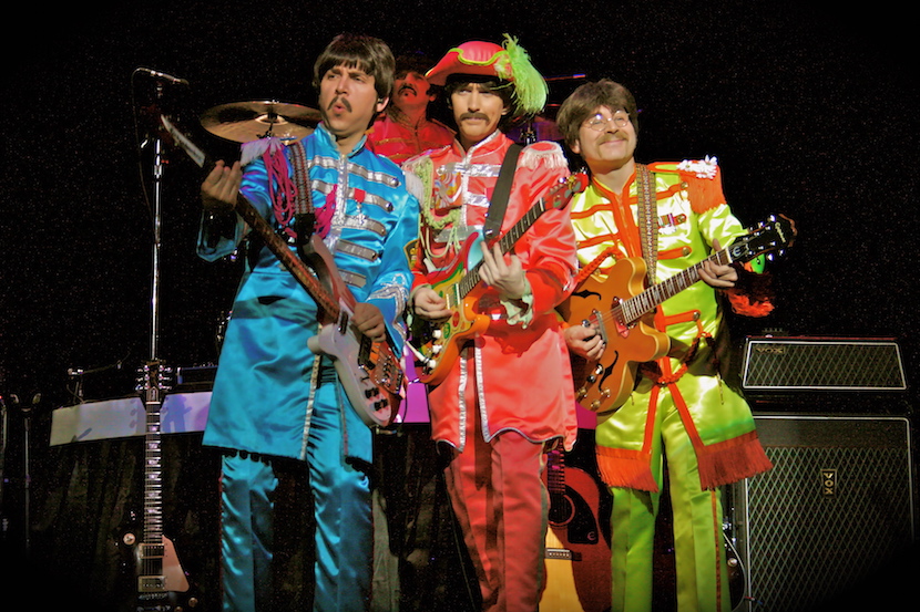 Photo of Fab Four band in Sgt. Pepper Lonely Heart costumes. 