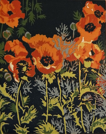 A paointing of orange poppies titled 