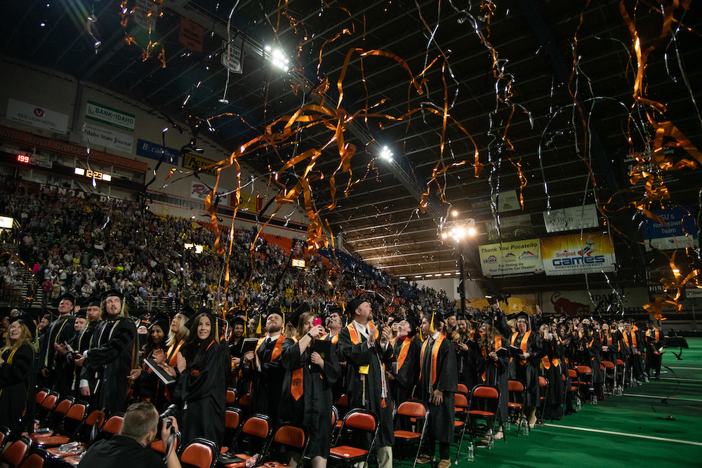 Streamers falling on graduates at commencement