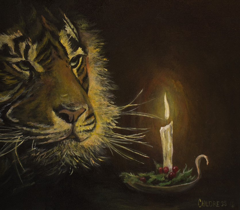 A photo of winning holiday card painting: Bengal tiger in foreground looking at a burning candle.