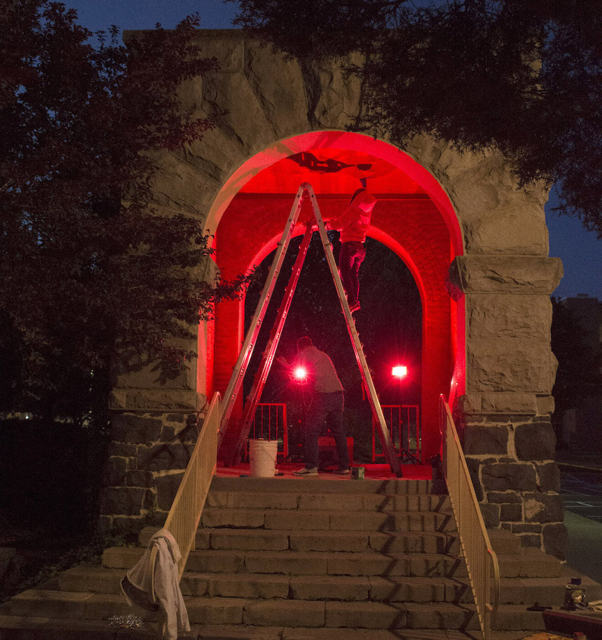 Swanson Arch lit up with red light in darkness as beekeeper work on it to retrieve bees. 