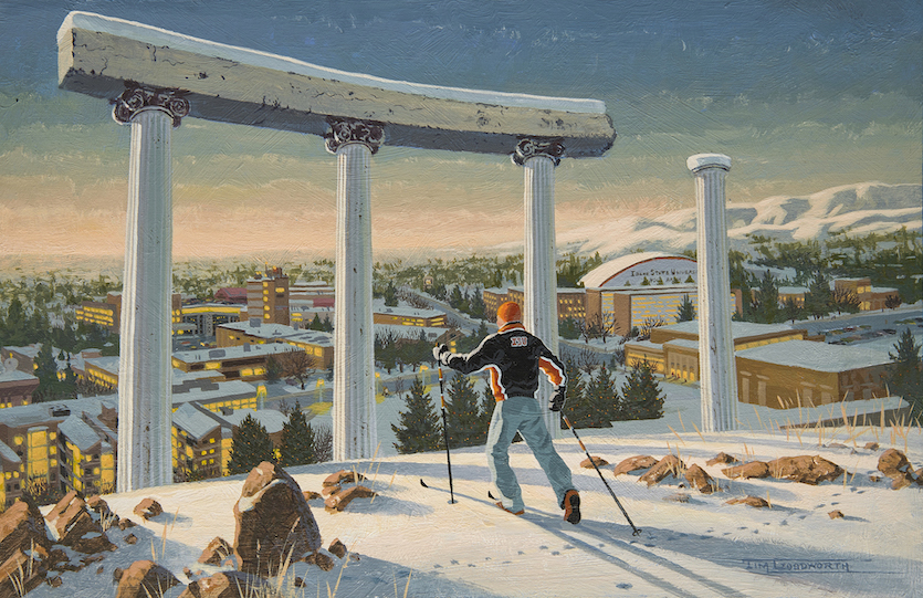 Painting of cross country skier by Red Hill Pillars