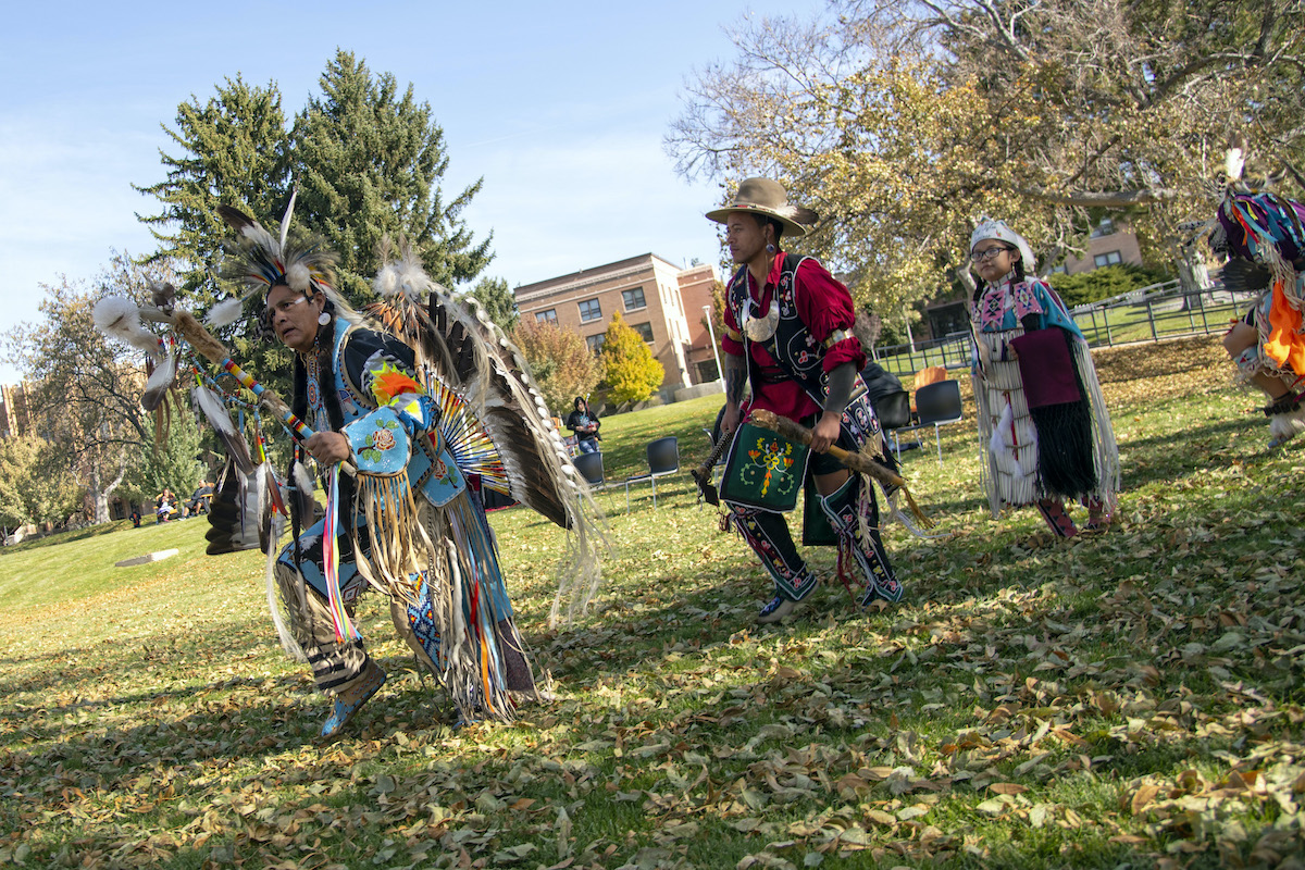 Sho-Ban dancers on the quad at 2019 Indigenous Peoples Day