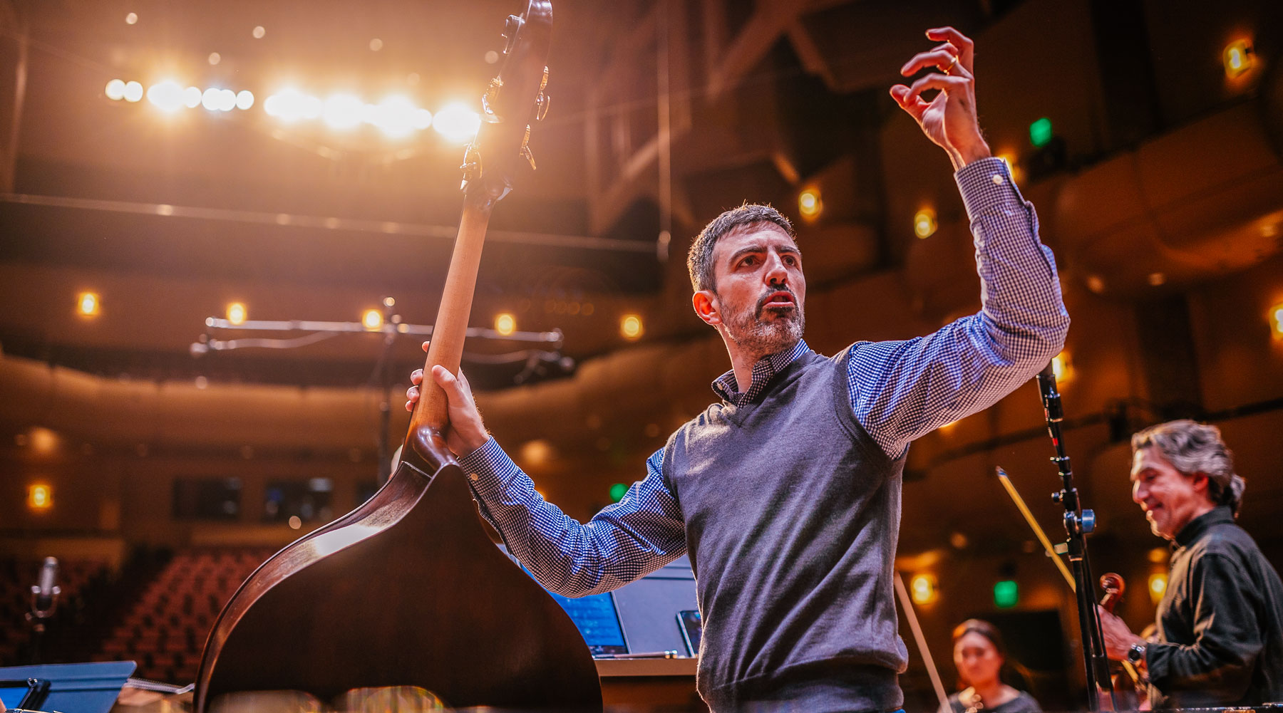 Pedro Giraudo, an Argentine composer, performs with members of the Idaho State Civic Symphony in preparation for recording an album with the Idaho State University Commercial Music program.