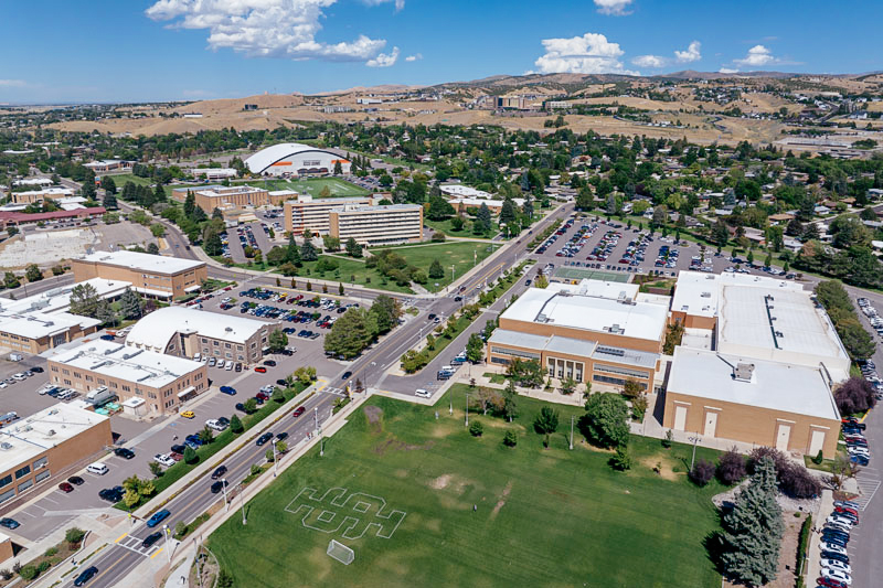 An aerial view of the Reed Gym building, with the ICCU Dome in the distance.