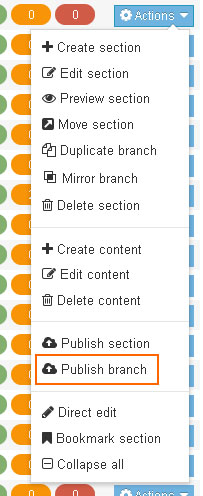 Publish branch option in the site structure menu