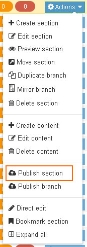 Publish section button in action menu