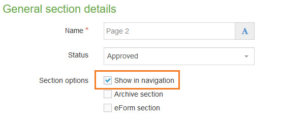 Screenshot of the 'show in navigation' checkbox