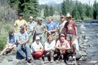 This field crew worked with Minshall in 1991 collecting data from burned and from unburned reference streams throughout Yellowstone as part of an extended study to discern the temporal responses of stream ecosystems to wildfire.