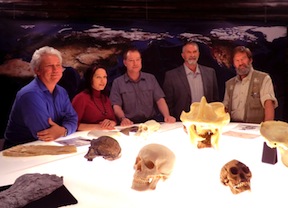 A gathering of minds to discuss the possibility of sasquatch and its cousins. From left to right: Drs. Jack Rink, Anna Nekaris, William Sellars, Jeff Meldrum, and Ian Redmond. (photo credit: Alice Robinson, Dangerous Films).