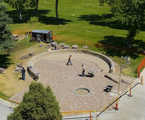 A photo from this summer of the contruction of the round by the ISU Fine Arts Building. (ISU Photographic Services)