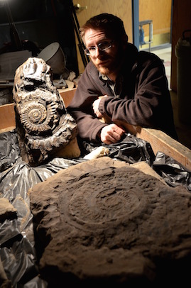 Leif Tapanila with IMNH Helicoprion shark fossil.